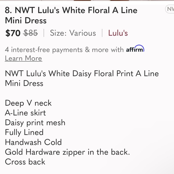 NWT, Lulu’s, White Daisy Floral Print A-line Mini Dress - Picture 5 of 5